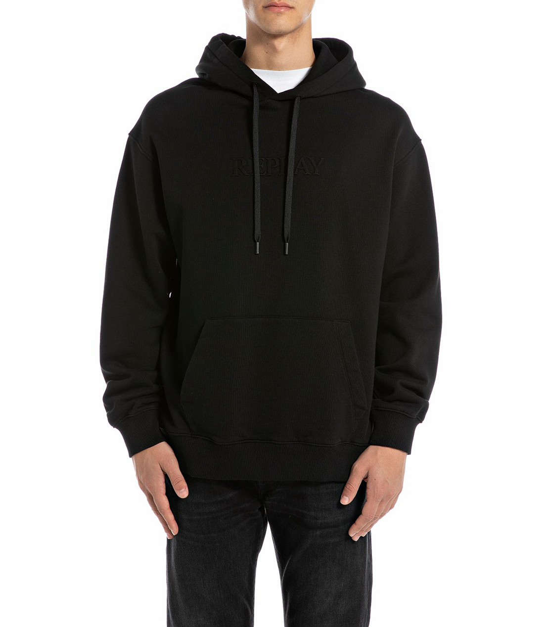 リラックスフィット レタリング刺しゅうコットンフリースフーディー 詳細画像 ブラック 1